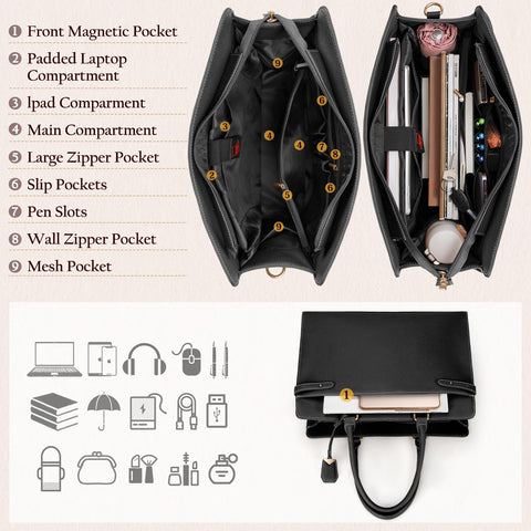 Laptop Bag for Women 15.6 Inch Leather Tote Bag Professional Work Bag Waterproof Computer Briefcase Business Office Bag Large Capacity Handbag Shoulder Bag, Black IGOLUMON