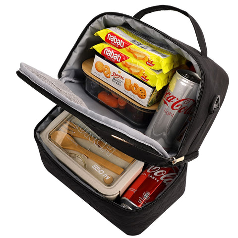 NISHEL Lunch Bag for Women, Insulated Two Separate Compartments Lunch Box with Adjustable Shoulder Strap, Leakproof Lunch Cooler Bag for Work, Black NISHEL