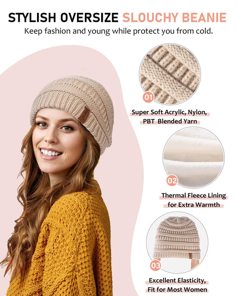Womens Winter Beanie Hat Scarf Gloves Headband Set, Slouchy Beanie Ear Warmer with Fleece Lined Knit Neck Scarf Touchscreen Gloves, 4 Piece Warm Gifts Set for Mom Her Cold Weather(Oatmeal)