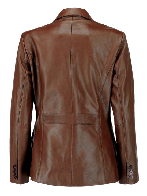 Jild Classic 2-Button Lambskin Leather Blazer Women - Casual Coat Long Sleeves Suit Style Leather Jacket Women (LC-Brn-3XL) Jild