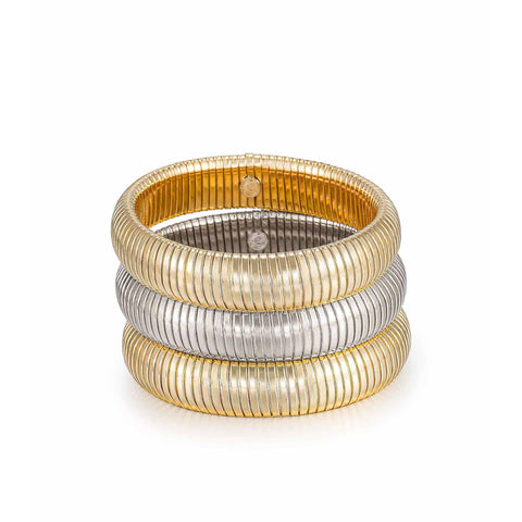 Ettika Gold Bangles For Women. Chunky Gold Bracelets, Set of 3Pcs Flex Snake Chain Stretch Mix Metal Gold Tone Rhodium Plated Bangles Ettika