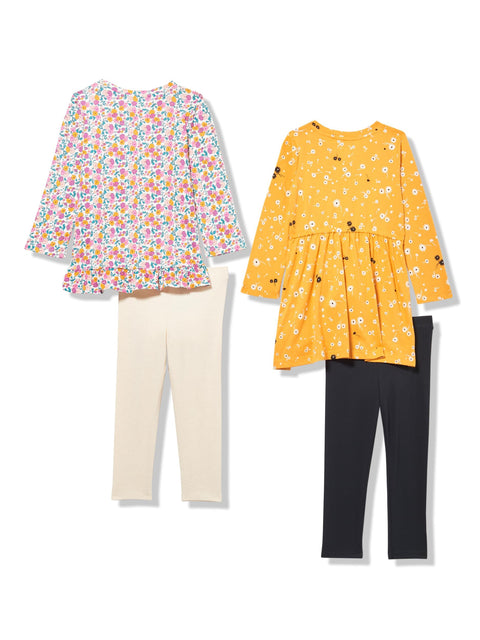 Amazon Essentials Girls' Long-Sleeve Outfit Set, Pack of 4, Gold/Ditsy Floral, Medium