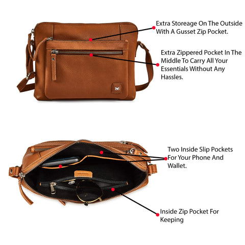 Wise Owl Accessories Small Soft Pebbled Real Leather Crossbody Handbags Purses Triple Zip Premium Sling Crossover Shoulder Bag for Women Gift (Cognac Nappa)