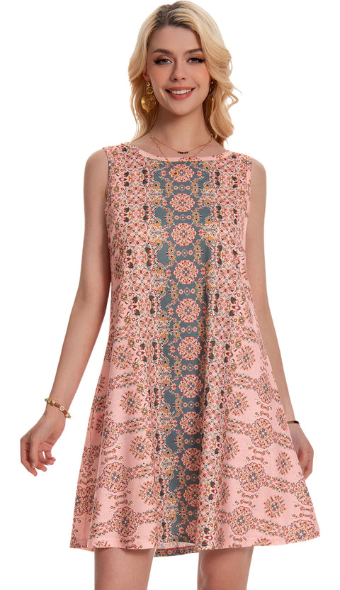 Sundress for Women Floral Bohemian Dress Sleeveless Loose Aline Beach Cover Up(Pink Boho Flower,L) elescat