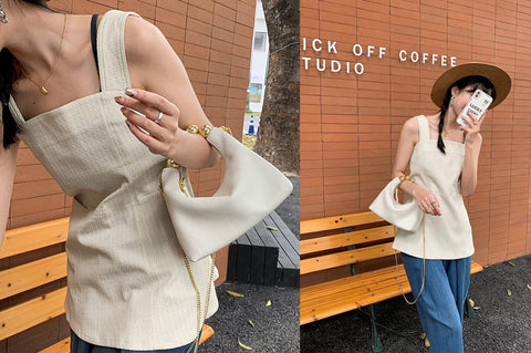 DORIS&JACKY Small Top Handle Clutch Bag Women Designer Goatskin Crossbody Purse With Pearl Handle And Detachable Metal Chain (White) DORIS&JACKY