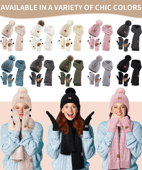 Women Beanie Hat Scarf Gloves Set, 3 PCS Winter Warm Pom Pom Beanie Hat Skull Cap Long Knit Neck Scarf & Touchscreen Gloves Set for Cold Weather, Christmas Holiday Gifts for Mom Wife Friend Sister Her Remifa