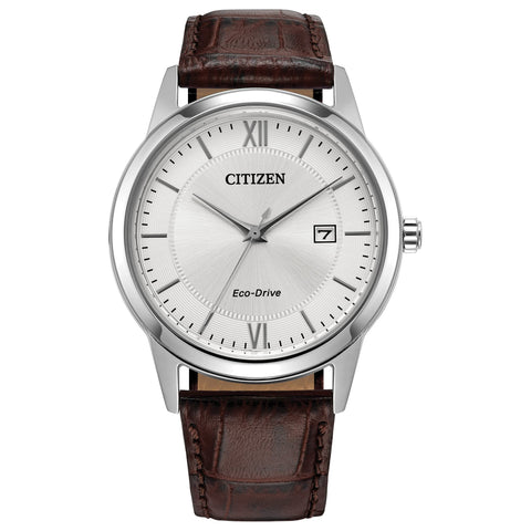 Citizen Men's Classic Eco-Drive Leather Strap Watch, 3-Hand Date, Luminous Hands and Markers, Brown Strap/ Stainless Citizen
