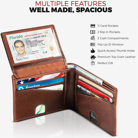 BULL GUARD Mens RFID Blocking Bifold Wallet Soft Genuine Leather Brown Western | Secure and Durable Extra Capacity Billfold with 11 Credit Cards, Flip Up ID BULL GUARD