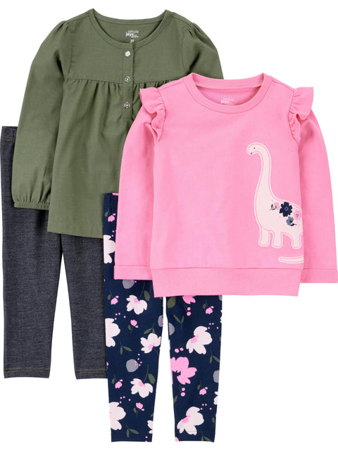 Simple Joys by Carter's Toddler Girl's 4-Piece Long-Sleeve Shirts and Pants Playwear Set Pants, Olive/Pink Dino, 2T