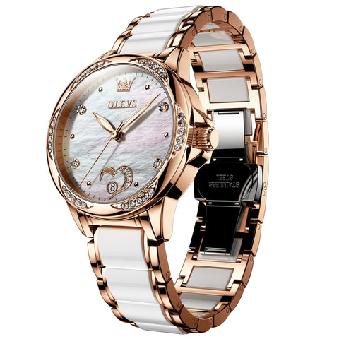 OLEVS Automatic Self Winding Watch for Women Rose Gold Stainless Steel Ceramic Women Wrist Watches Large Face White Heart Diamond Mother of Pearl Waterproof Date Ladies Watch for Women Two Tone OLEVS