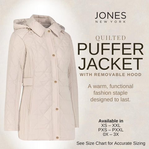 Jones NY Quilted Women's Puffer Jacket Womens Winter Coat with Removable Hood, Bone - PXS Jones New York