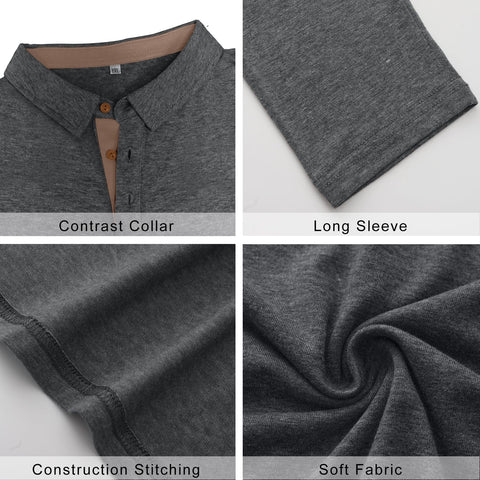 PEGENO Mens Polo Long Sleeve Shirt Classic Button Basic Solid Color Designed Collared Polo Shirt Fashion Casual Golf Shirts Dark Grey X Large