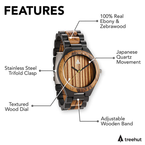 Treehut Men's Wooden Analog Watch with Adjustable Band, Japanese Quartz Movement - Ebony & Zebrawood treehut