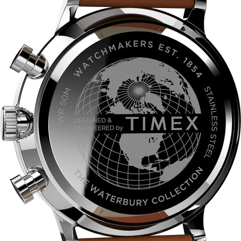 Timex Men's Waterbury Classic Chrono 40mm Stainless Steel Quartz Dress Watch with Leather Strap, Brown, 20 (Model: TW2V30800VQ)