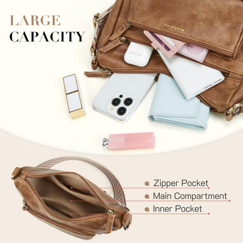 Missnine Crossbody Bags for Women Leather Purses Trendy Multi Pocket Shoulder Handbags with Adjustable Guitar Strap Missnine