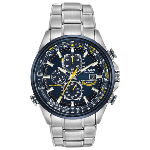 Citizen Men's Eco-Drive Sport Luxury World Chronograph Atomic Time Keeping Watch in Stainless Steel, Blue Dial (Model: AT8020-54L) Citizen