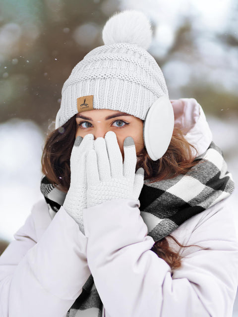 Winter Scarf Hat Earmuffs Gloves, White Ear Warmer Knitted Beanie Touch Screen Gloves Check Warm Scarf for Women Winter LOROME