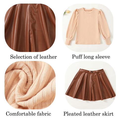 YOURUIKEY Girls 2 Piece Skirt Sets Fall Winter Long Sleeve Shirts and Leather Skirts for Cute Trendy Girl Clothes Size 7-8