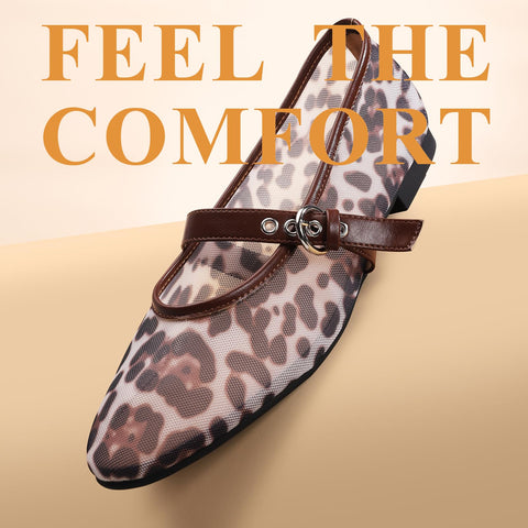 Leopard Flats for Women Mesh Ballet Flats Mary Jane Animal Print Shoes Slip On Casual Breathable Ballerina Flats