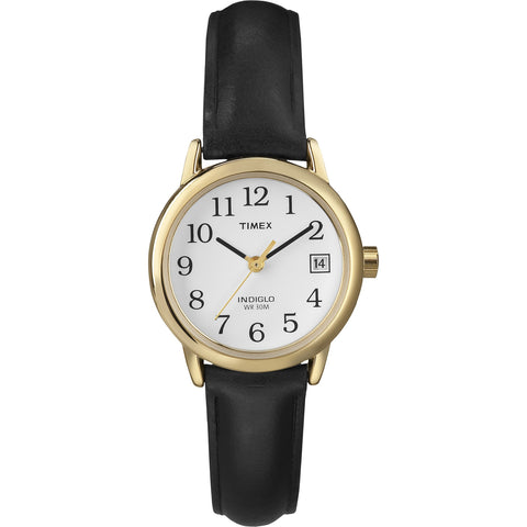 Timex Women's Easy Reader 25mm Watch – Gold-Tone Case White Dial and Date with Black Leather Strap Timex