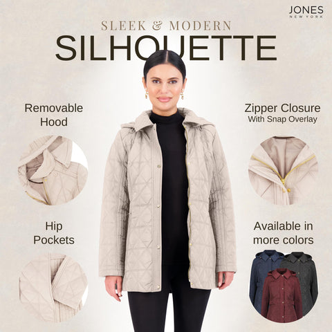 Jones NY Quilted Women's Puffer Jacket Womens Winter Coat with Removable Hood, Bone - PXS Jones New York