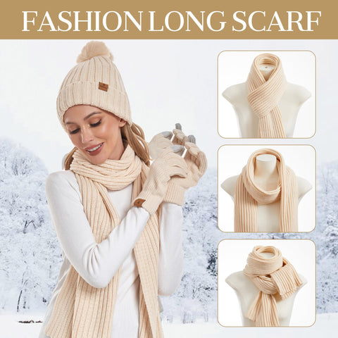 Coolprince Womens Long Scarf Gloves and Hat Set Cold Weather Hat Scarf Glove Set for Women Winter Beanie Hats with Pom Pom Apricot Coolprince