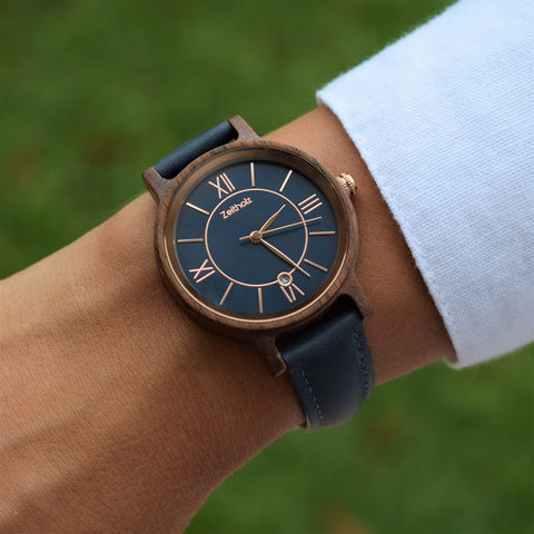 Zeitholz Wooden Watch Women, Wooden Watch, Gifts, Analog Watch, Date, New Rosenbach Collection 36mm, Natural Wood, Japanese Quartz Movement, Leather Strap. (Blue) Zeitholz