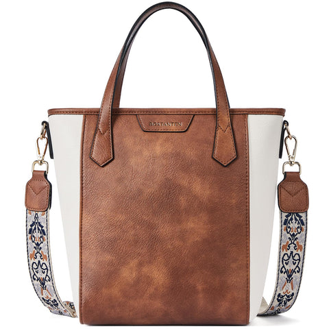 BOSTANTEN Crossbody Tote Bag Small Bucket Bag Vegan Leather Handbag Purses for Women Guitar Strap, Beige and Brown BOSTANTEN