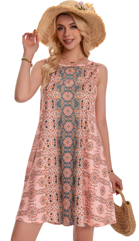 Sundress for Women Floral Bohemian Dress Sleeveless Loose Aline Beach Cover Up(Pink Boho Flower,L) elescat