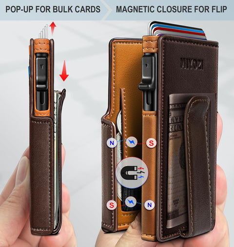 miyozi Men Wallet,with Money Clip Coins Pocket ID Window,Slim Front Pocket RFID Blocking Pop-up Card Holder 3.9"x 2.7", Gift Boxed