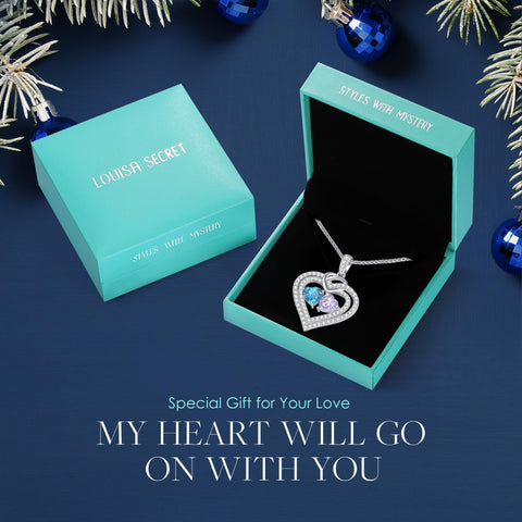 LOUISA SECRET Sparkling Double Heart Birthstone Necklace Gifts for Women, 925 Sterling Silver Fine Jewelry, Pendant Heart Necklace Birthday Anniversary Christmas Gift for Women Wife Mom Girlfriend LOUISA SECRET