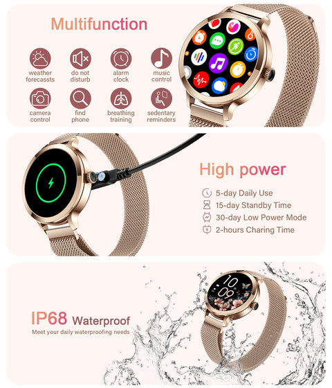 niolina Smart Watches for Women, 1.106" AMOLED Small Screen Smartwatch Answer/Make Call for Android iOS Phones, IP68 Waterproof Fitness Activity Tracker with 100+ Sports, Heat Rate, SpO2, Rose Gold niolina