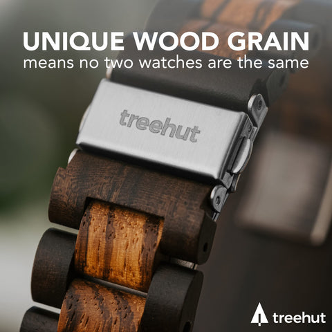 Treehut Men's Wooden Analog Watch with Adjustable Band, Japanese Quartz Movement - Ebony & Zebrawood treehut