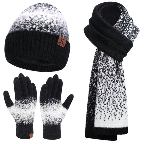 Womens Winter Knit Beanie Hats and Touchscreen Gloves Long Scarf Set with Warm Fleece Lined Skull Caps Scarves for Women Black White FZ FANTASTIC ZONE