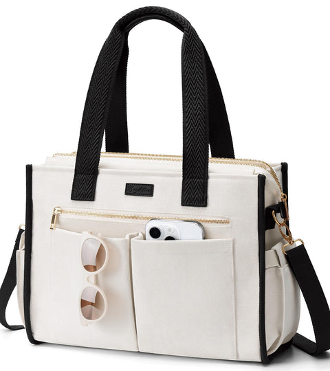 Canvas Tote Bag for Women, 15-Pocket Large Crossbody Purse Shoulder Satchel Handbag Bible Laptop Bag Zipper Bookbag for Teacher Nurse Work Travel College Everyday