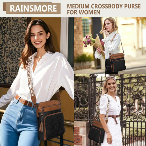 RAINSMORE Crossbody Bags for Women Leather Crossbody Purse Designer Womens Shouler Bags Handbags Trendy Medium Cross Body Purse Travel Work, black&brown