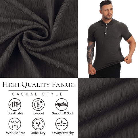 Collared Muscle Polo Shirts Men Slim Fit Textured Knit Polo Shirts Short Sleeve Button Down Shirts Casual Stylish Black