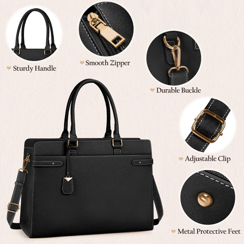 Laptop Bag for Women 15.6 Inch Leather Tote Bag Professional Work Bag Waterproof Computer Briefcase Business Office Bag Large Capacity Handbag Shoulder Bag, Black IGOLUMON