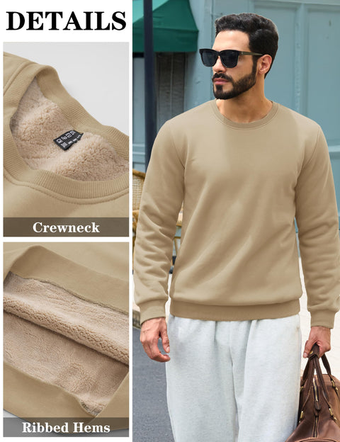 TACVASEN Mens Thermal Sweatshirts Warm Crewneck for Men Sherpa Lined Long Sleeve Winter Athletic Sweatshirs Khaki