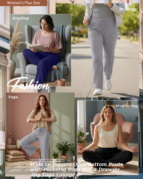 Neer 3 Pack Women's Plus Size Sweatpants Wide Leg High Waist Drawstring Yoga Lounge Joggers Open Bottom Pants with Pockets(Black, Navy Blue, Light Gray,XX-Large)