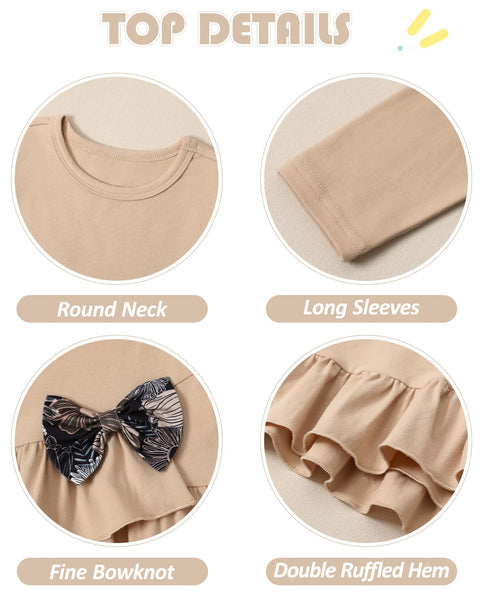 SOLOYEE Toddler Girl Clothes 5T 6T Girls Fall Winter Outfit, Long Sleeve Ruffle Bowknot Top + Floral Pants 2Pcs Clothing Set (Khaki, 5-6T)