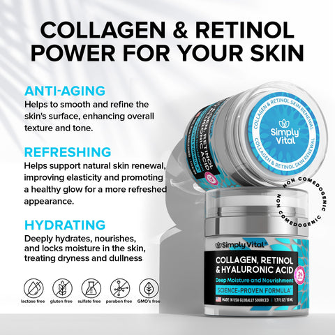 SimplyVital Collagen, Retinol & Hyaluronic Acid Cream - Anti-Aging Face Moisturizer for Face, Neck & Décolleté - Made in USA, Daily Moisturizer Face Cream - 1.7 fl.oz. SimplyVital
