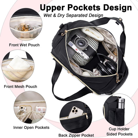 Weitars Gym Bag For Women,Travel Duffel Bag Weekender Bag,Sport Bag With Shoes Compartment And Wet Pocket,Large Carry On Bag Overnight Hospital Bag For Women Travel,Gym,Shopping (Black) Weitars