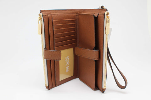 Michael Kors Jet Set Travel Double Zip Wristlet - Signature PVC (Vanilla PVC/Dark Acorn) Michael Kors
