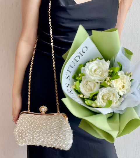 ASPHODELCHIC Women Pearl Evening Bag Bride Beaded Clutch Purse Cream White for Wedding Party (Ivory white) Small ASPHODELCHIC