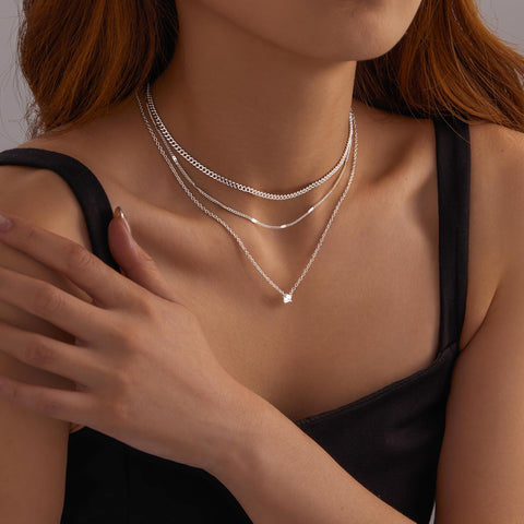 WomenGifts Layered Silver Necklaces for Women, Sterling Silver Cute Pendant Necklace Set with Dainty Cubic Zirconia, Stackable Cuban Chain Choker, Trendy Waterproof Non Tarnish Jewelry Gift