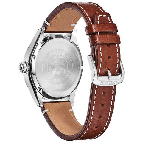 Citizen Men's Eco-Drive Weekender Garrison Field Watch in Stainless Steel with Brown Leather strap, Blue Dial (Model: BM6838-17L) Citizen