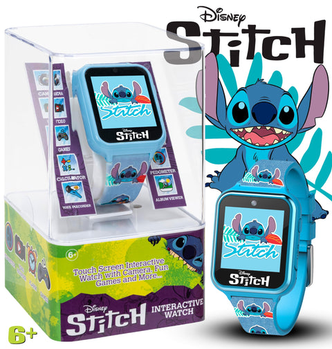 Disney Stitch Kids Smart Watch with 10 Customizable Faces, Camera, Voice Recorder, Calculator, and Step Counter – Touchscreen Interactive Watch for Kids – Blue Silicone Strap