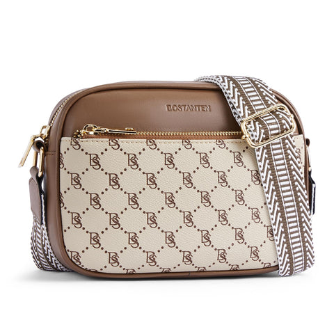 BOSTANTEN Quilted Crossbody Bags for Women Vegan Leather Purses Small Shoulder Handbags with Wide Strap Coffee with Beige BOSTANTEN