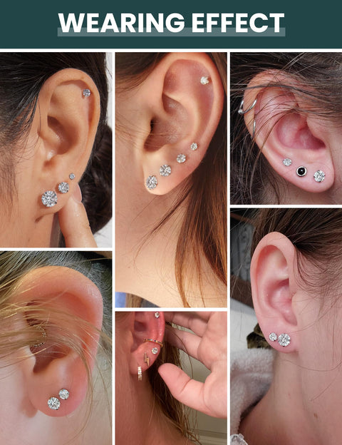6 Pairs Stud Earrings Set, Hypoallergenic Cubic Zirconia 316L Earrings Stainless Steel CZ Earrings 3-8mm (Steel color) Wssxc